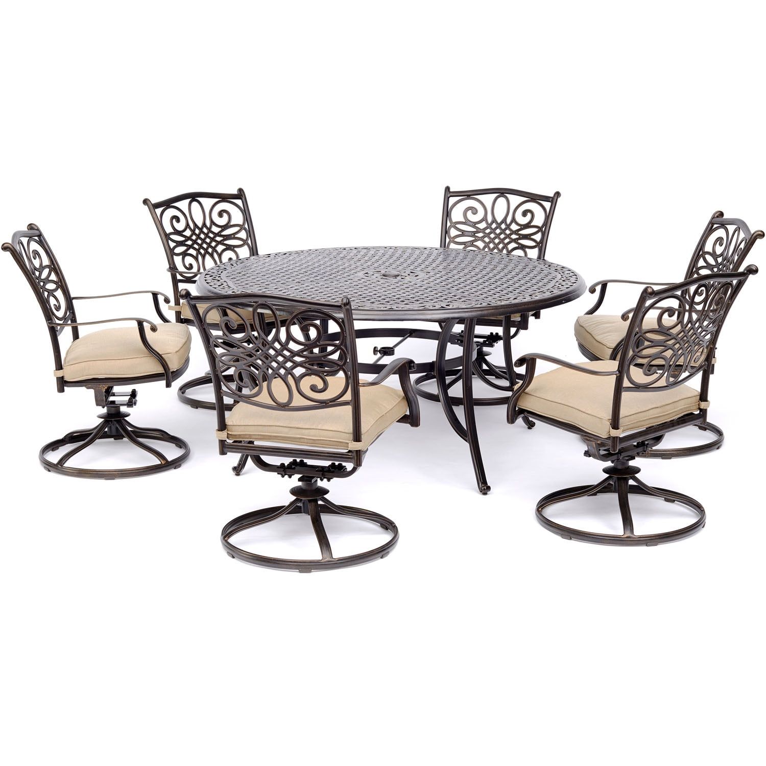 Hanover 7-Piece Tan Aluminum Outdoor Dining Set with Swivel Rockers