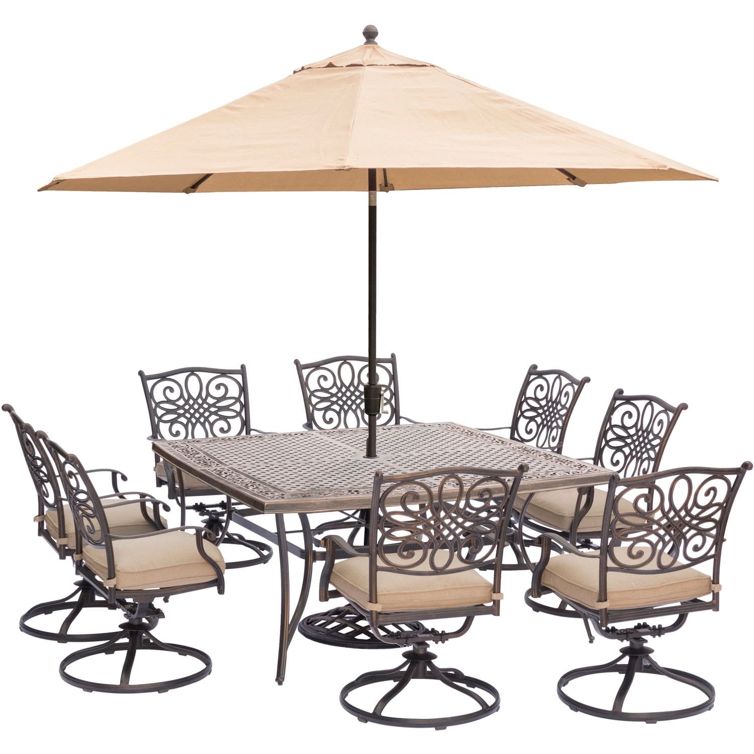 Tan Aluminum 8-Person Outdoor Dining Set with Umbrella