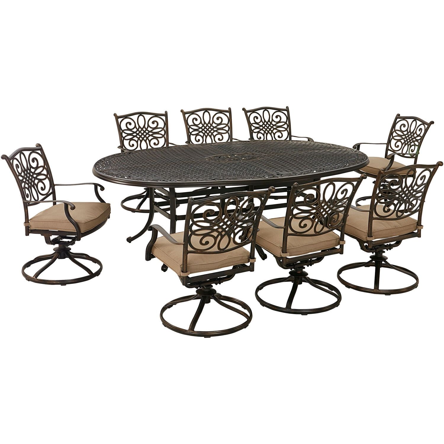 Tan 9-Piece Aluminum Outdoor Dining Set with Swivel Rockers