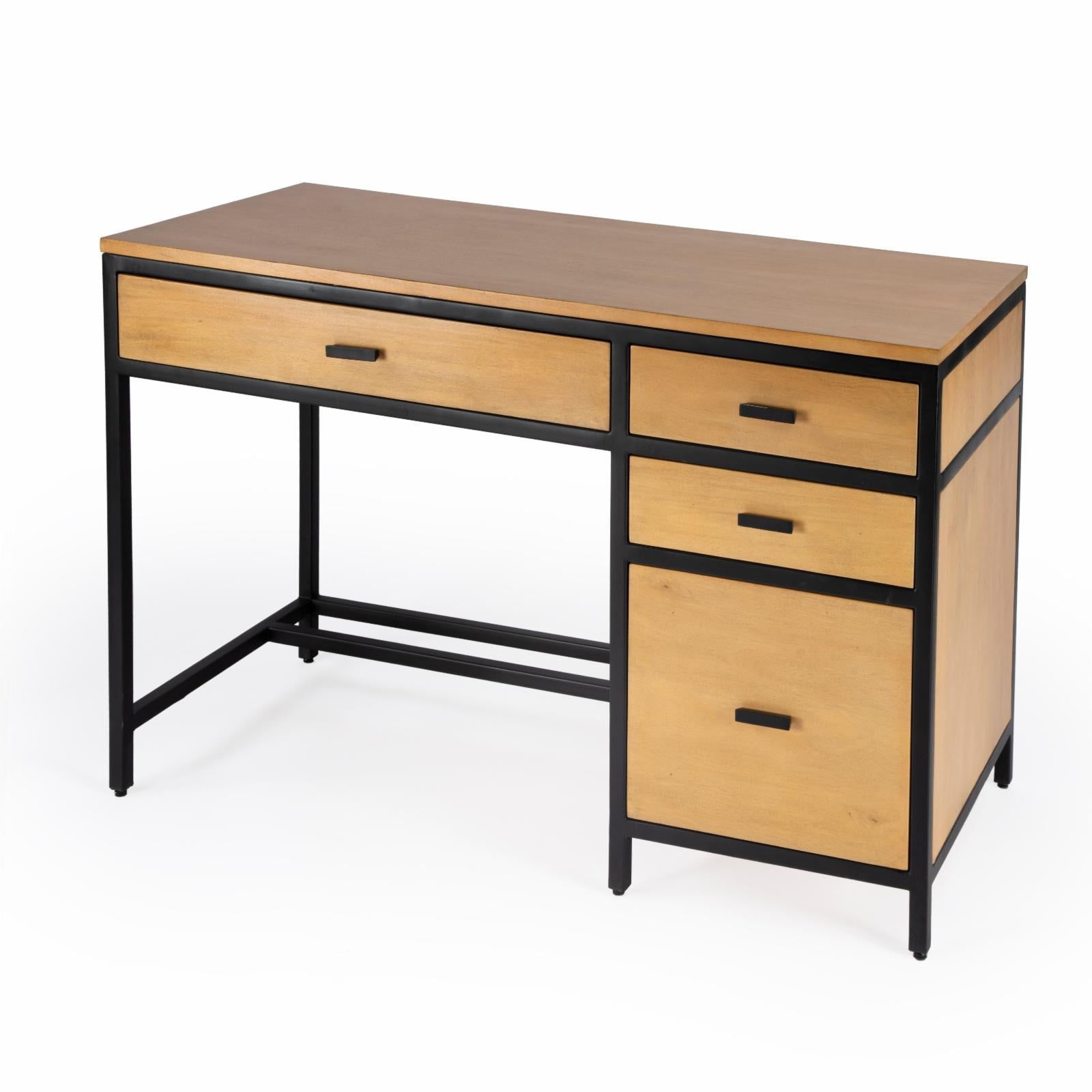 Hans 48" Natural Wood and Black Storage Desk with Filing Cabinet