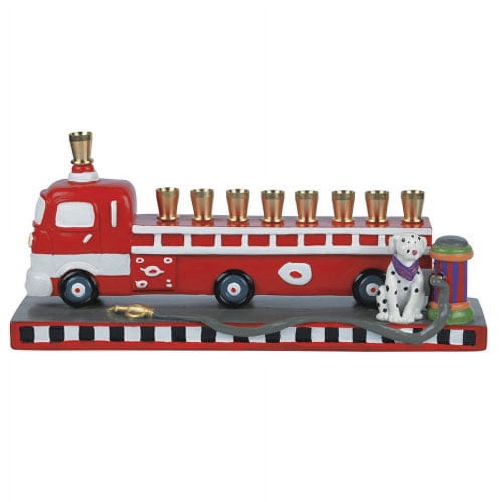 Fiery Red Ceramic Fire Truck Hanukkah Menorah