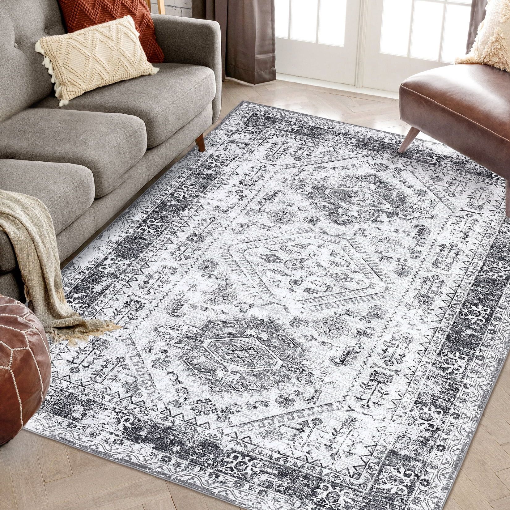 Gray 5' x 7' Washable Vintage Floral Area Rug