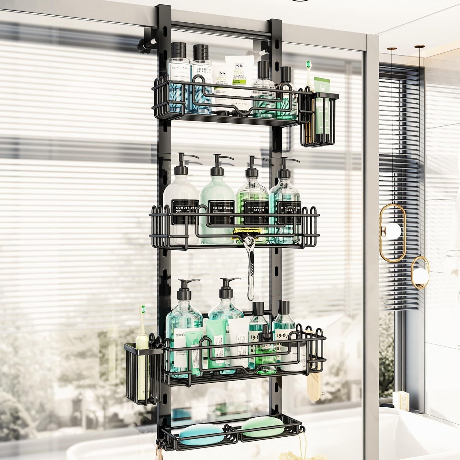 Adjustable Black Metal 4-Tier Over-the-Door Shower Caddy