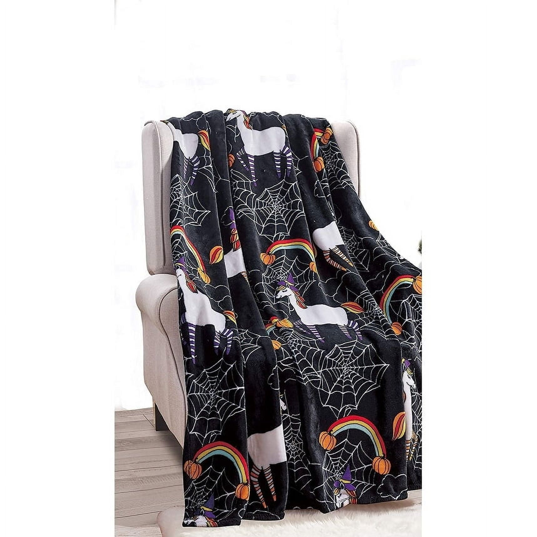 Happy Halloween Black Microplush Throw Blanket with Unicorns