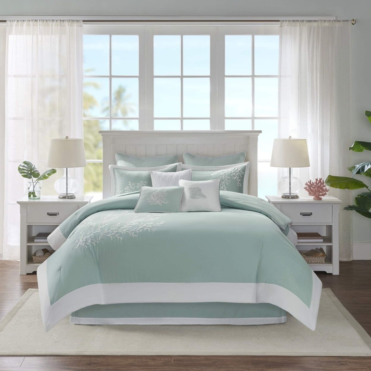 Aqua and White Cotton Nautical Queen Comforter Set