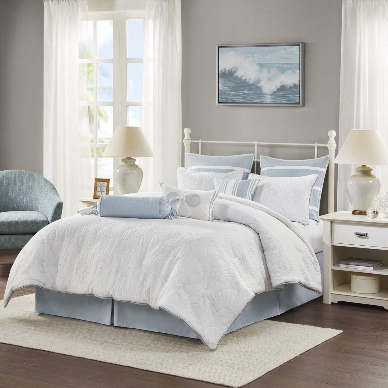 Queen Blue and White Cotton Coastal Comforter Set