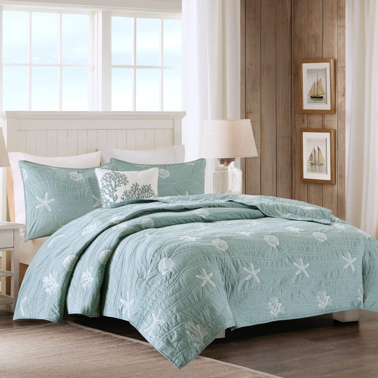 Dusty Blue Cotton Nautical Reversible Full Quilt Set