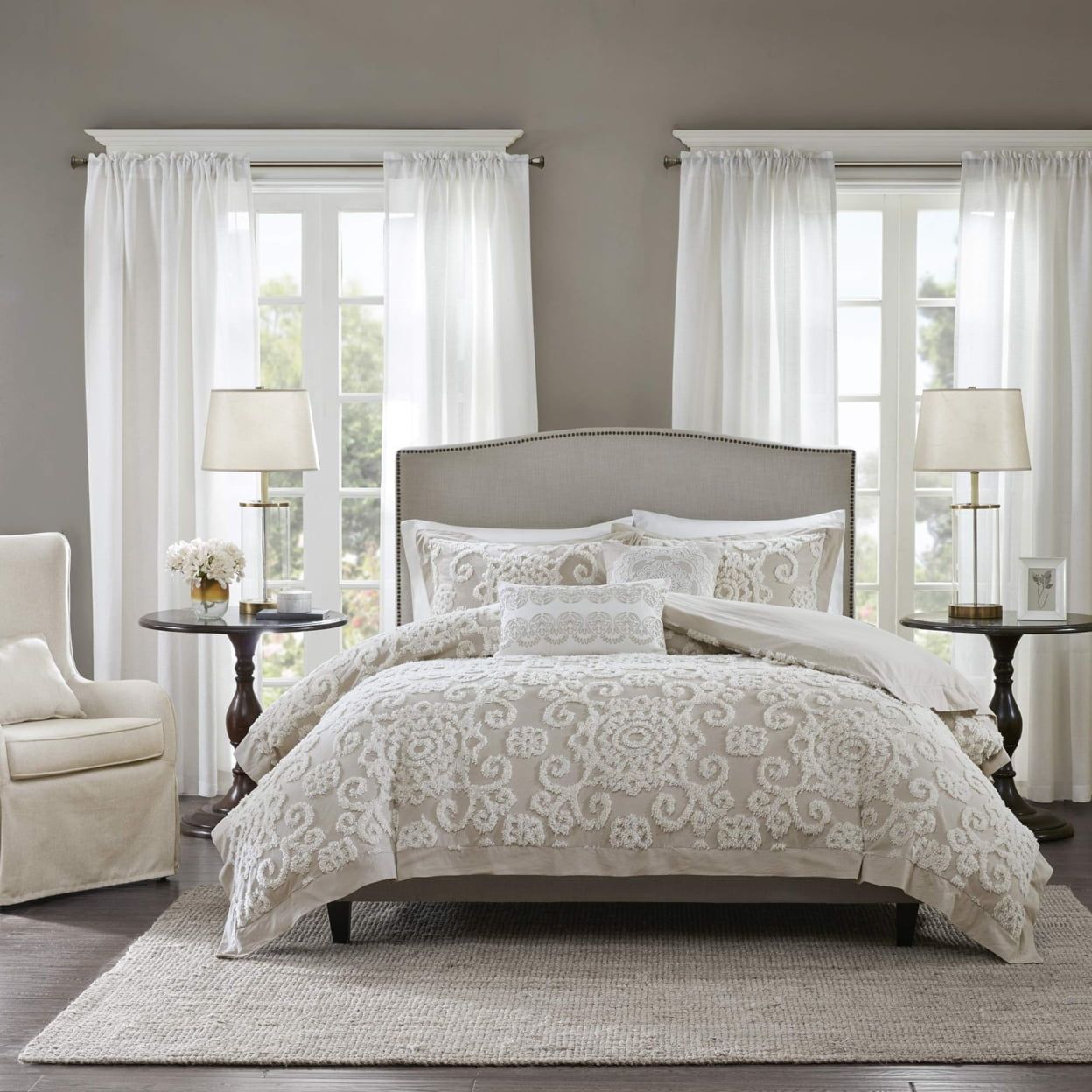 Suzanna Taupe Cotton Embroidered Full/Queen Duvet Set