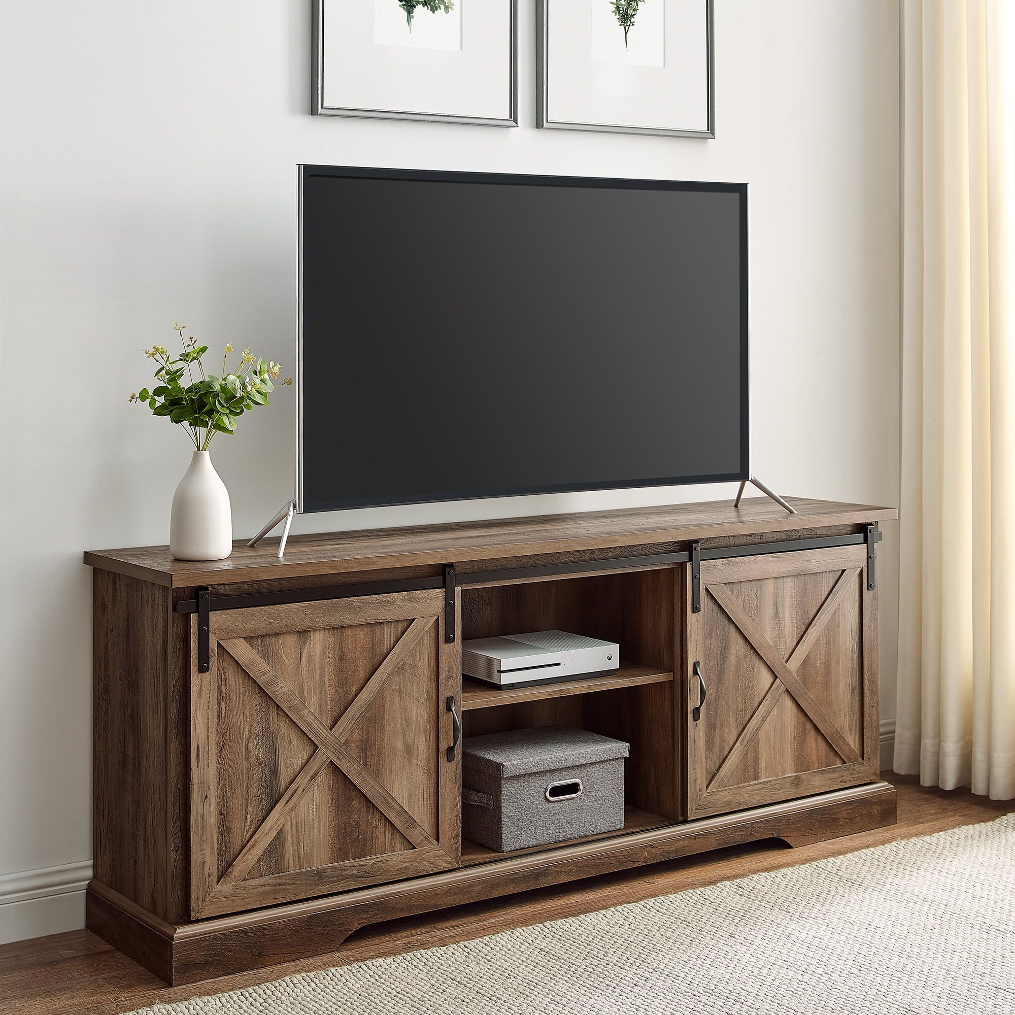 Rustic Oak 70" Farmhouse TV Console with Sliding Barn Doors