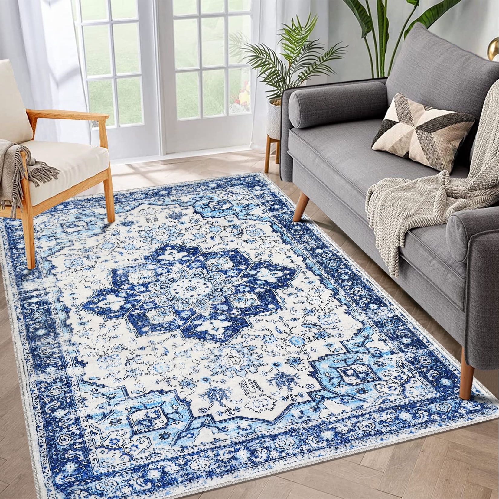 Blue Washable Non-Slip Synthetic 9' x 12' Rectangular Area Rug