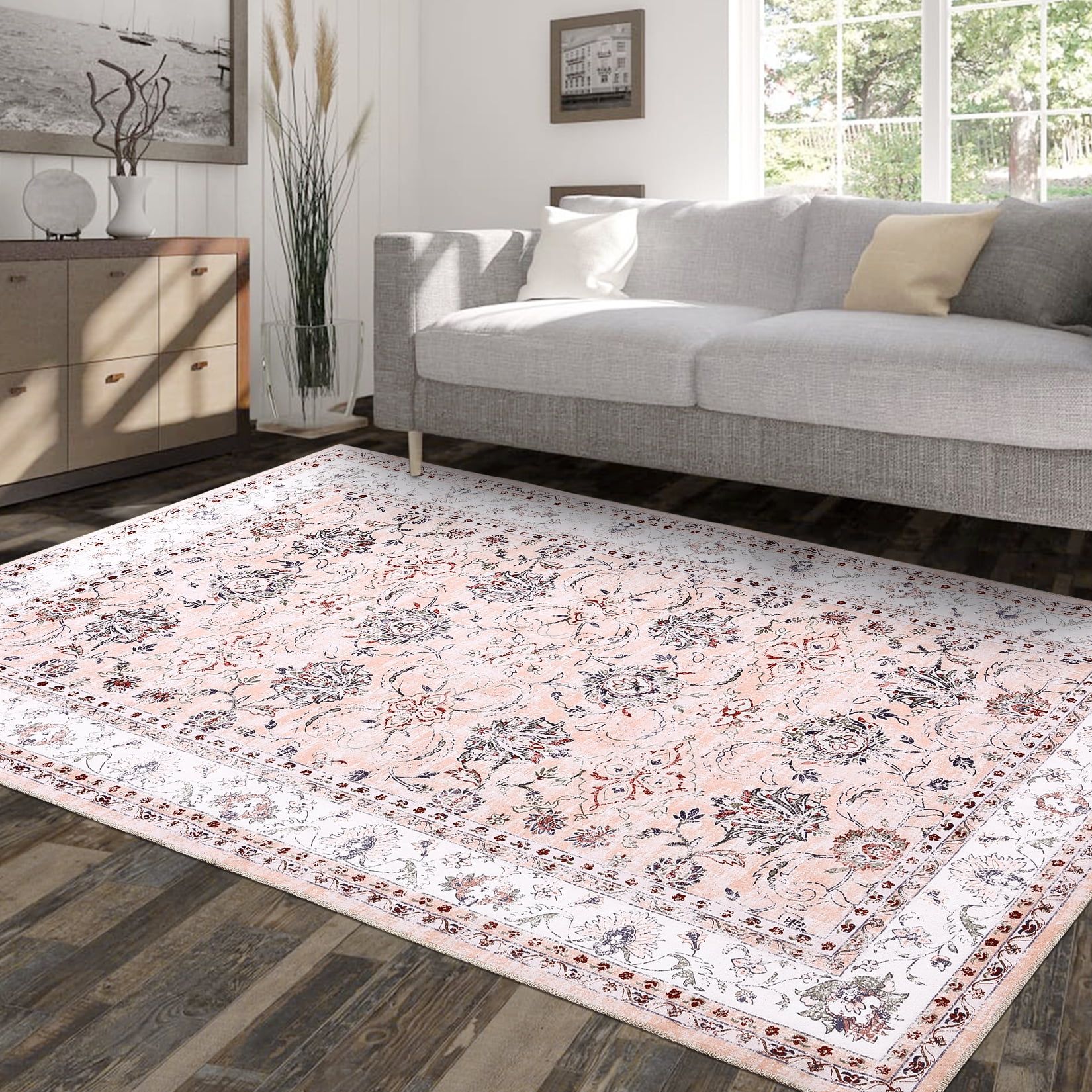 Pink Floral 5' x 7' Washable Synthetic Area Rug