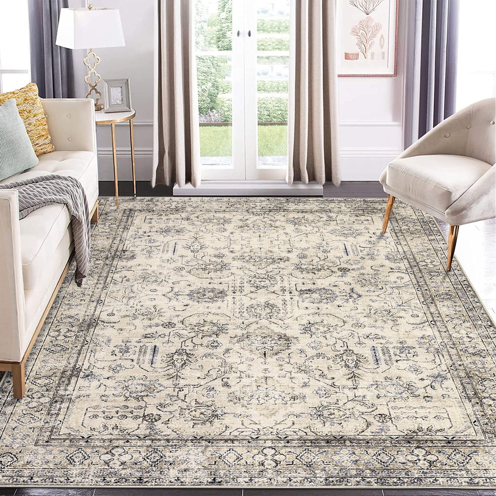 Beige and Blue 9' x 12' Vintage Floral Washable Rug