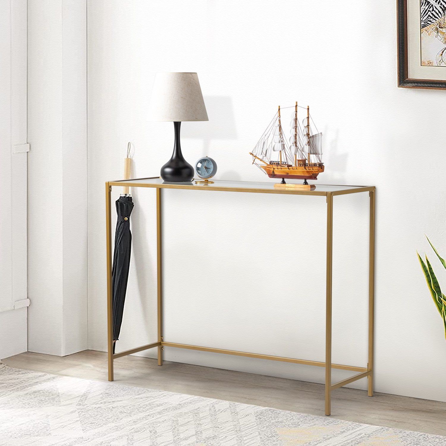 Gold Metal and Glass Console Table with Storage