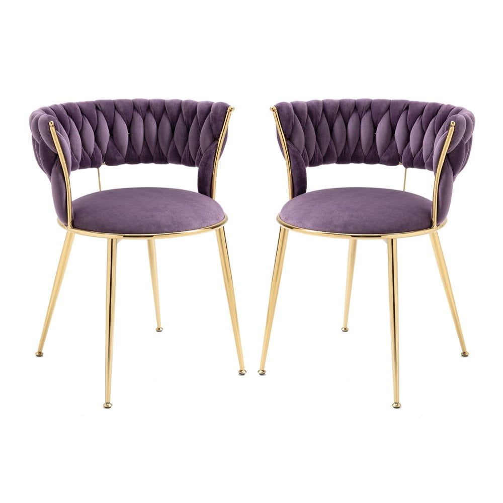 Purple Velvet Upholstered Dining Chairs with Gold Metal Legs, Set of 2