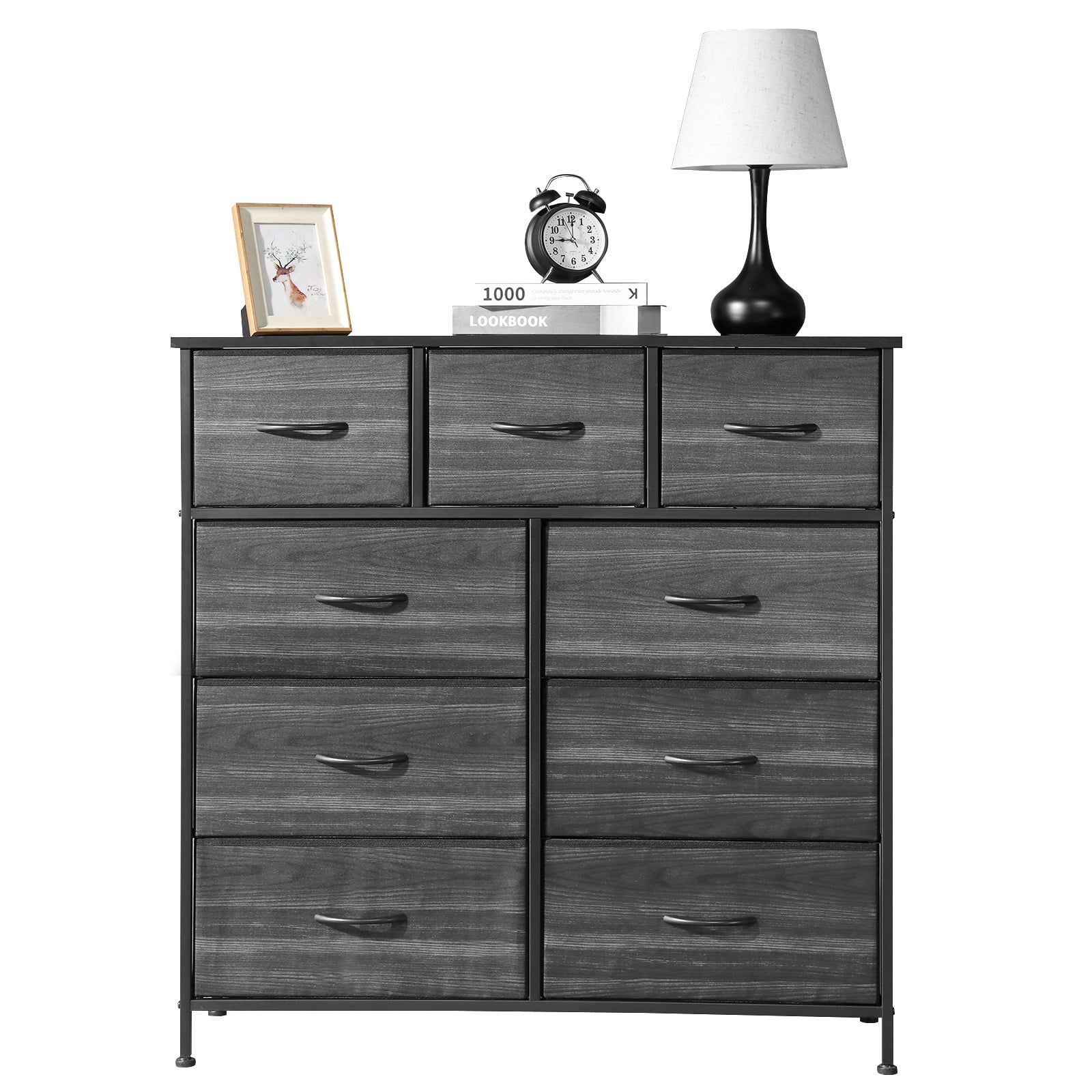 Black 9-Drawer Fabric Dresser with Iron Frame and Wood Grain Surface