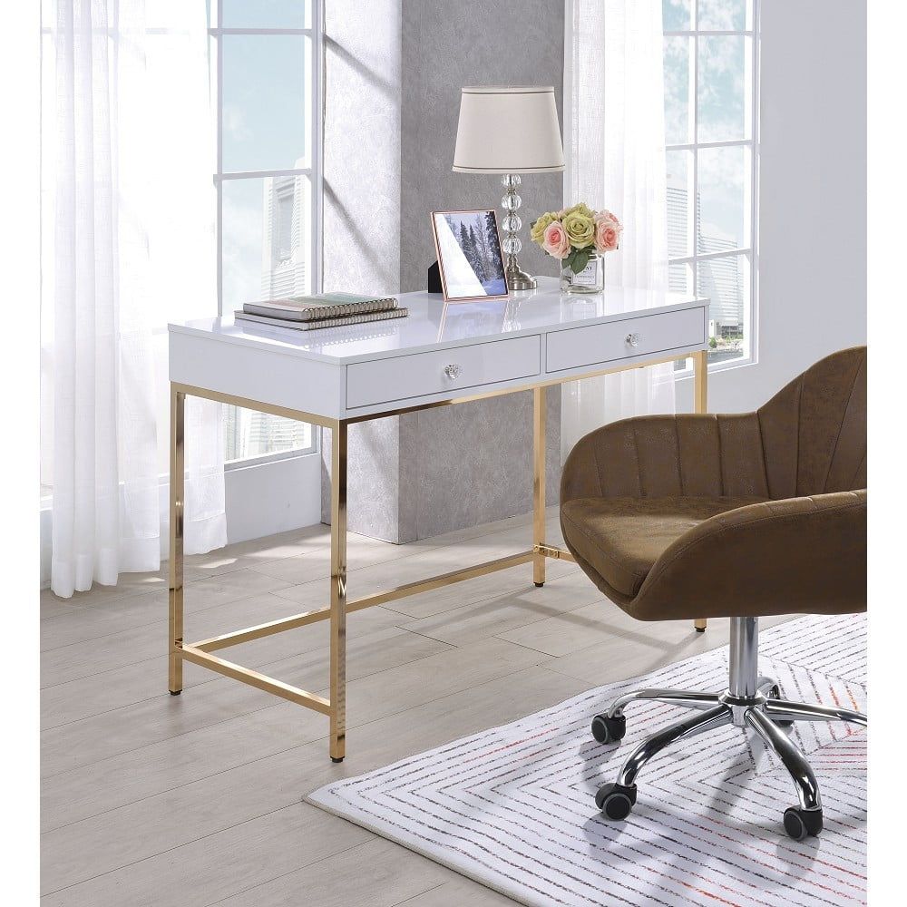 Contemporary White High Gloss 52" Office Desk with Gold Accents