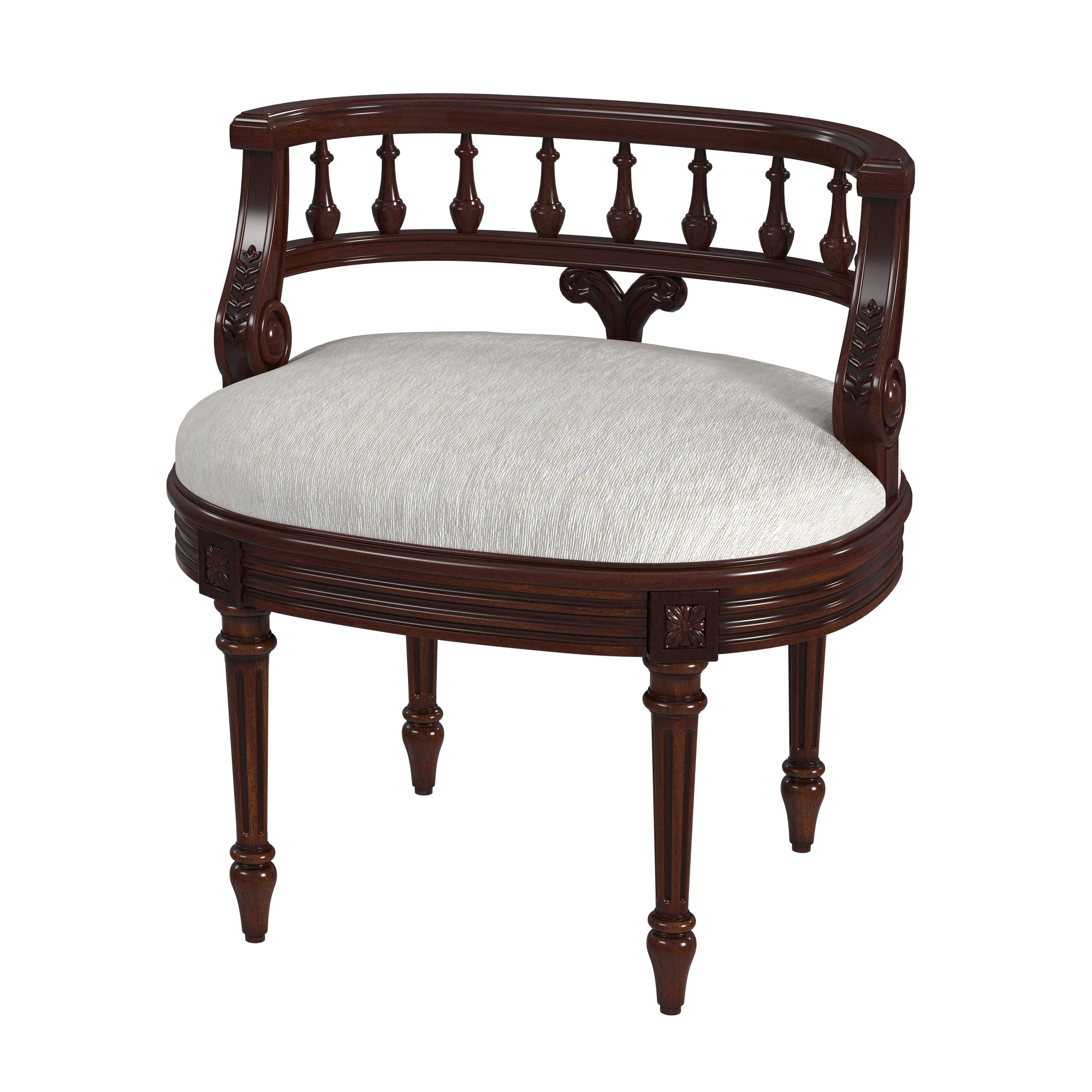 Hathaway Cherry Upholstered Vanity Seat with Carved Wood Back