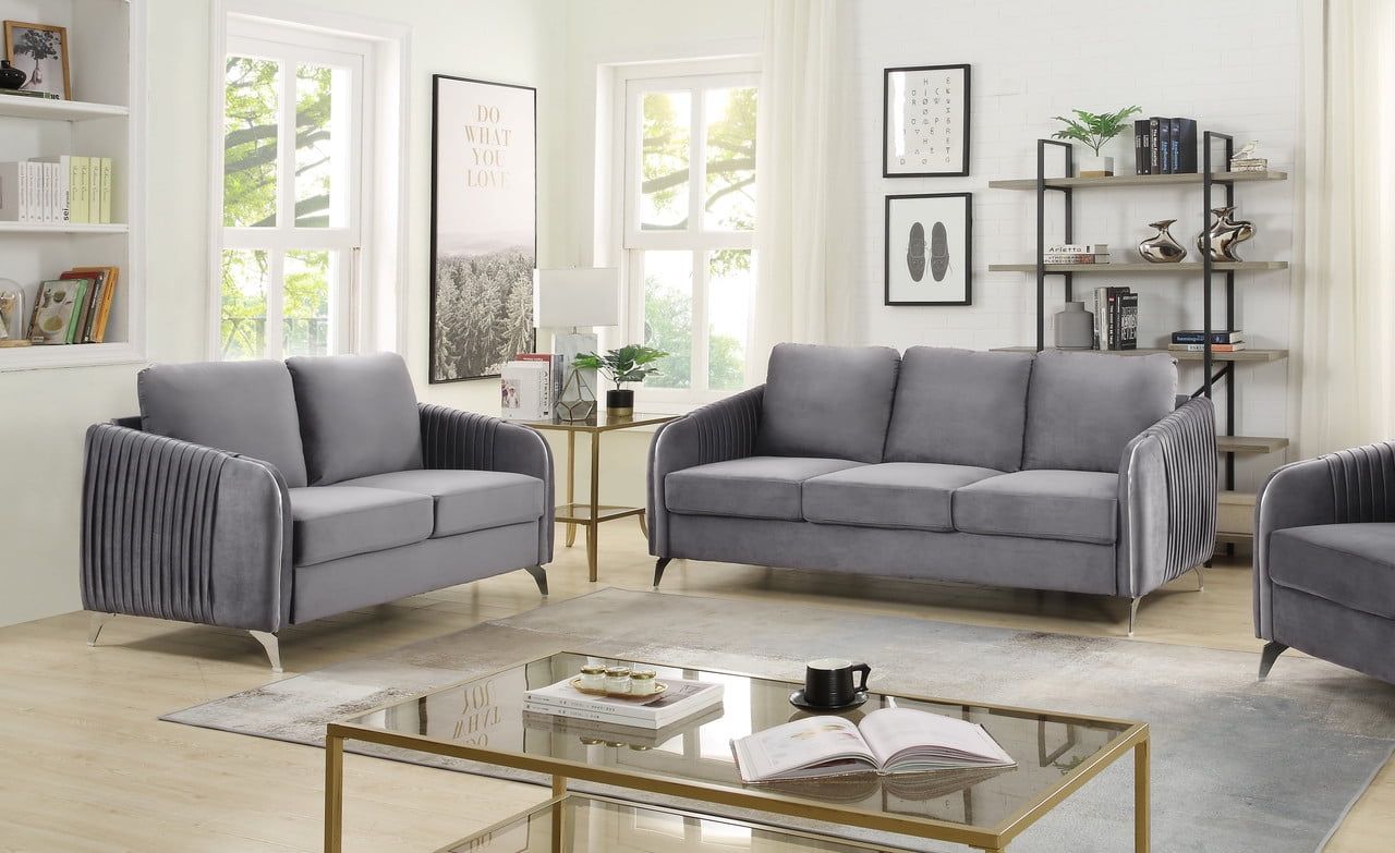 Hathaway Gray Velvet Sofa and Loveseat Set with Chrome Legs