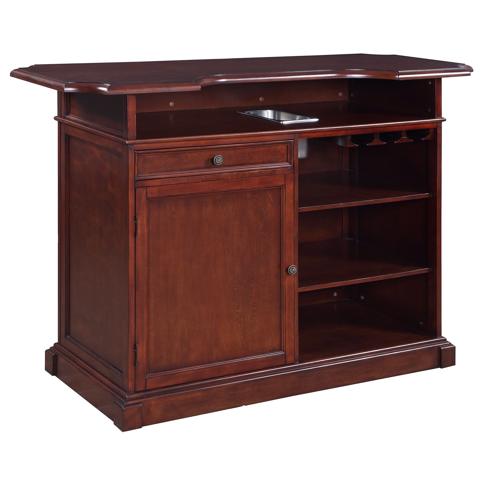 Mahogany Finish Poplar Wood Home Bar with Storage and Shelves