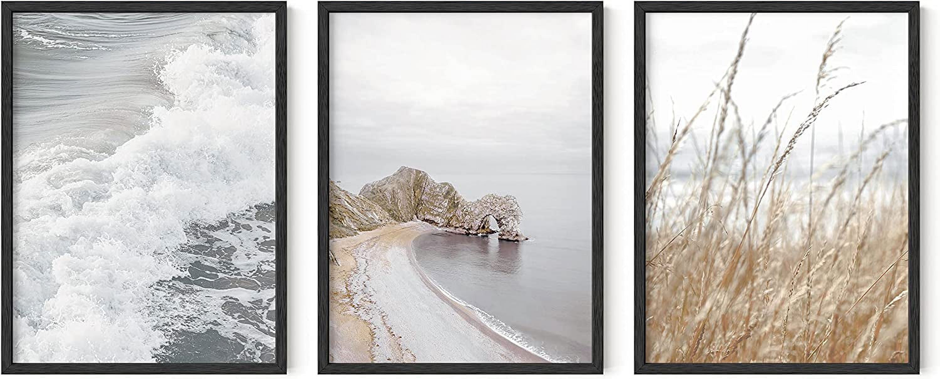 Shore Waves Coastal Beach Scene Wall Art Set in Black Frames