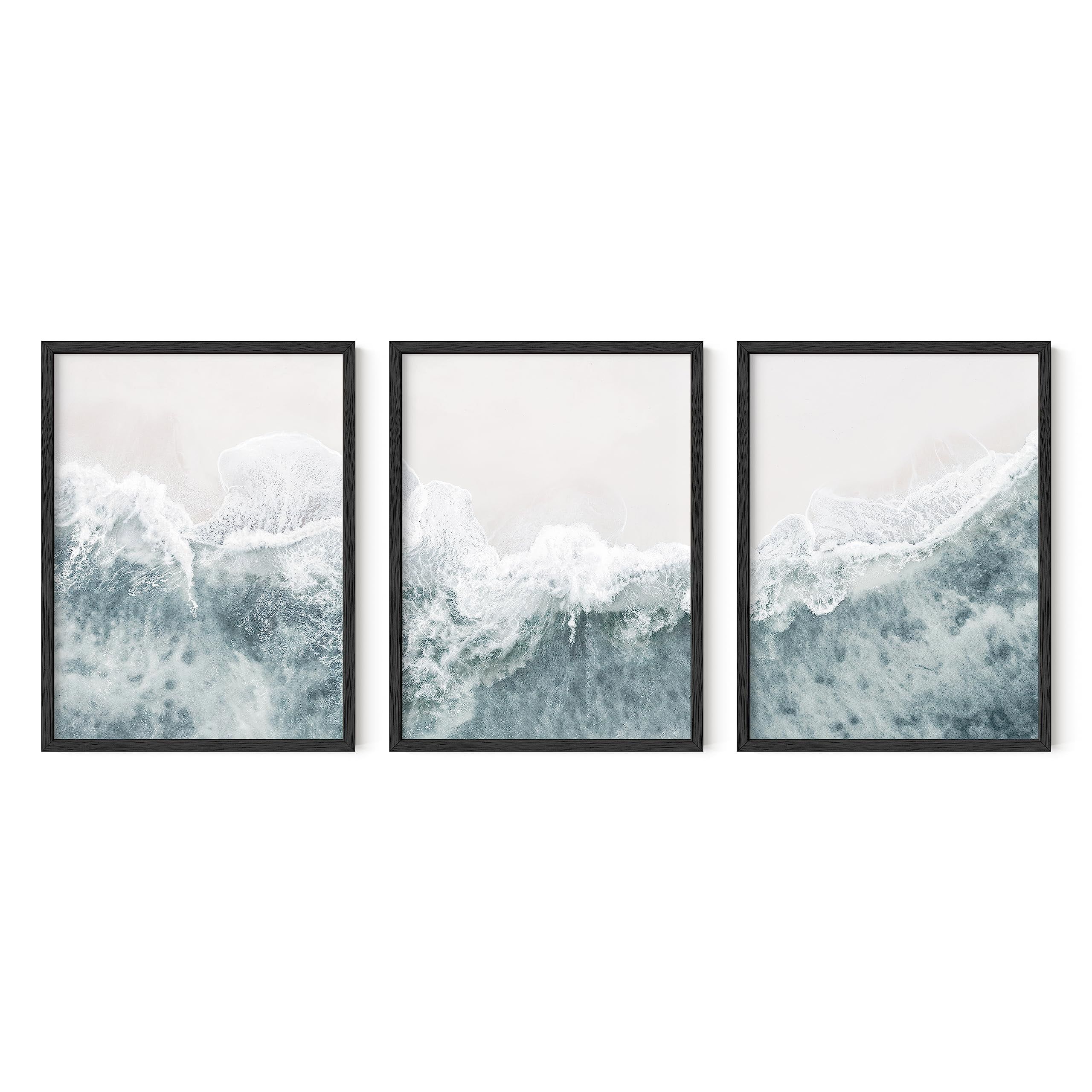 Set of 3 Ocean Wave Black Framed Canvas Wall Art