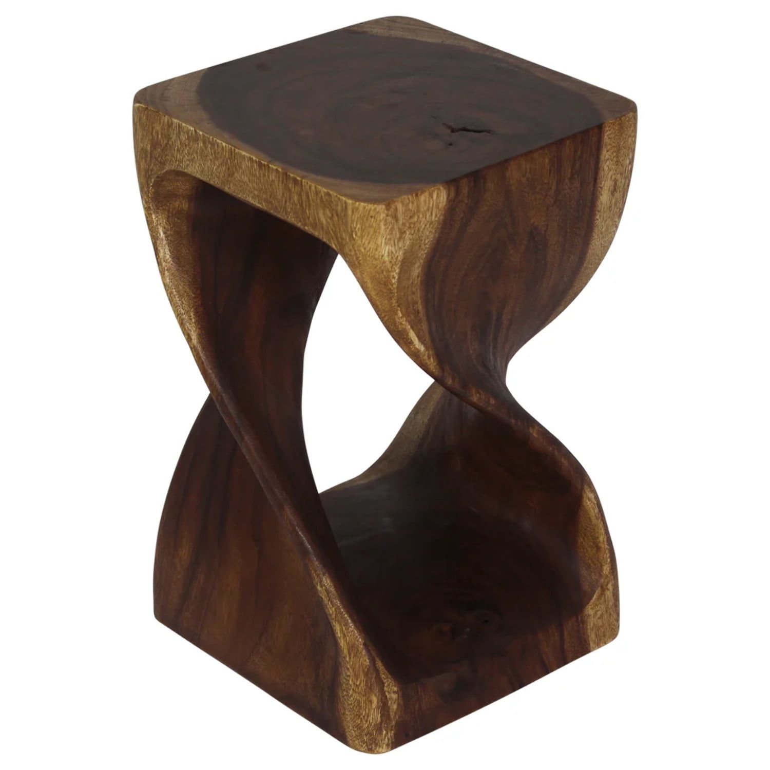 Hand-Carved Walnut Twist Wood Stool 10 x 10 x 16