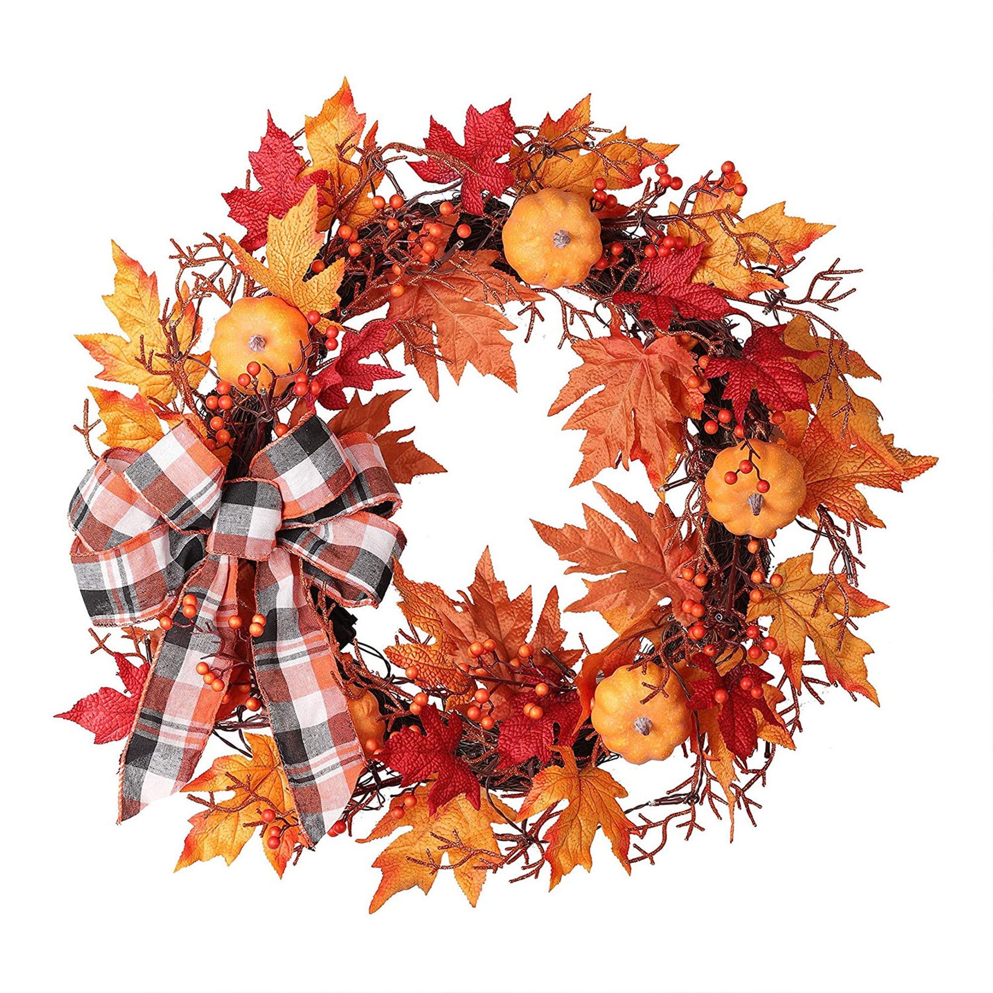 24-Inch Pre-Lit Fall Grapevine Wreath with Pumpkins and Plaid Ribbon