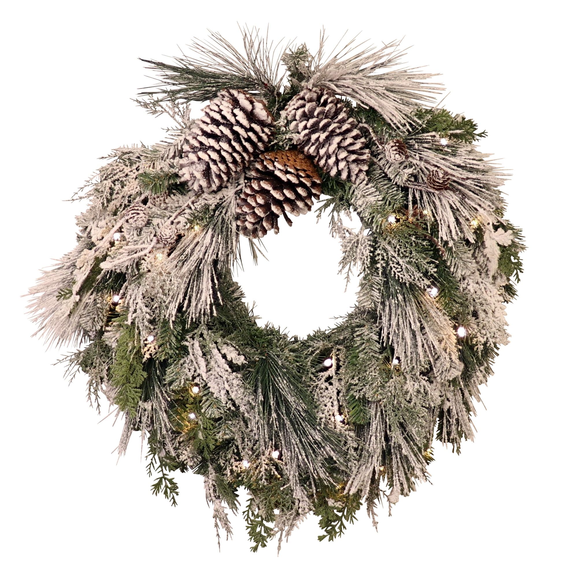 Winter Pine 20" Pre-Lit Artificial Christmas Wreath with Snow and Ribbon