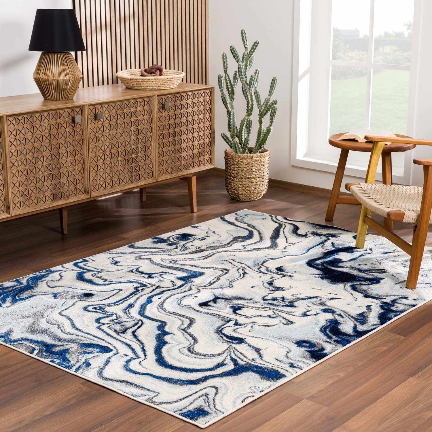 Coastal Charm Blue and Teal Shag Rug 5'3" x 7'3"