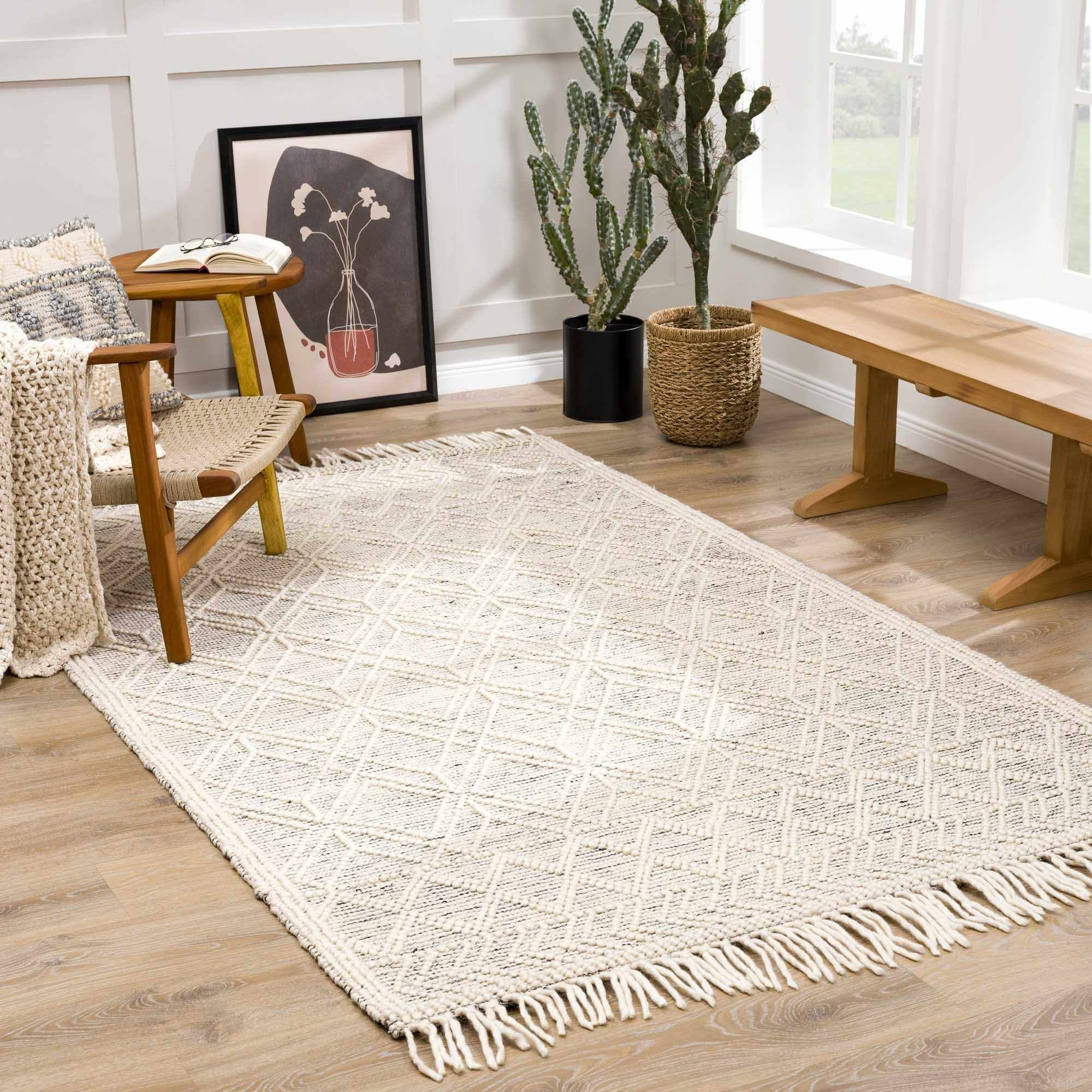 Ivory Flat Woven Wool and Cotton Handmade Rectangular Area Rug