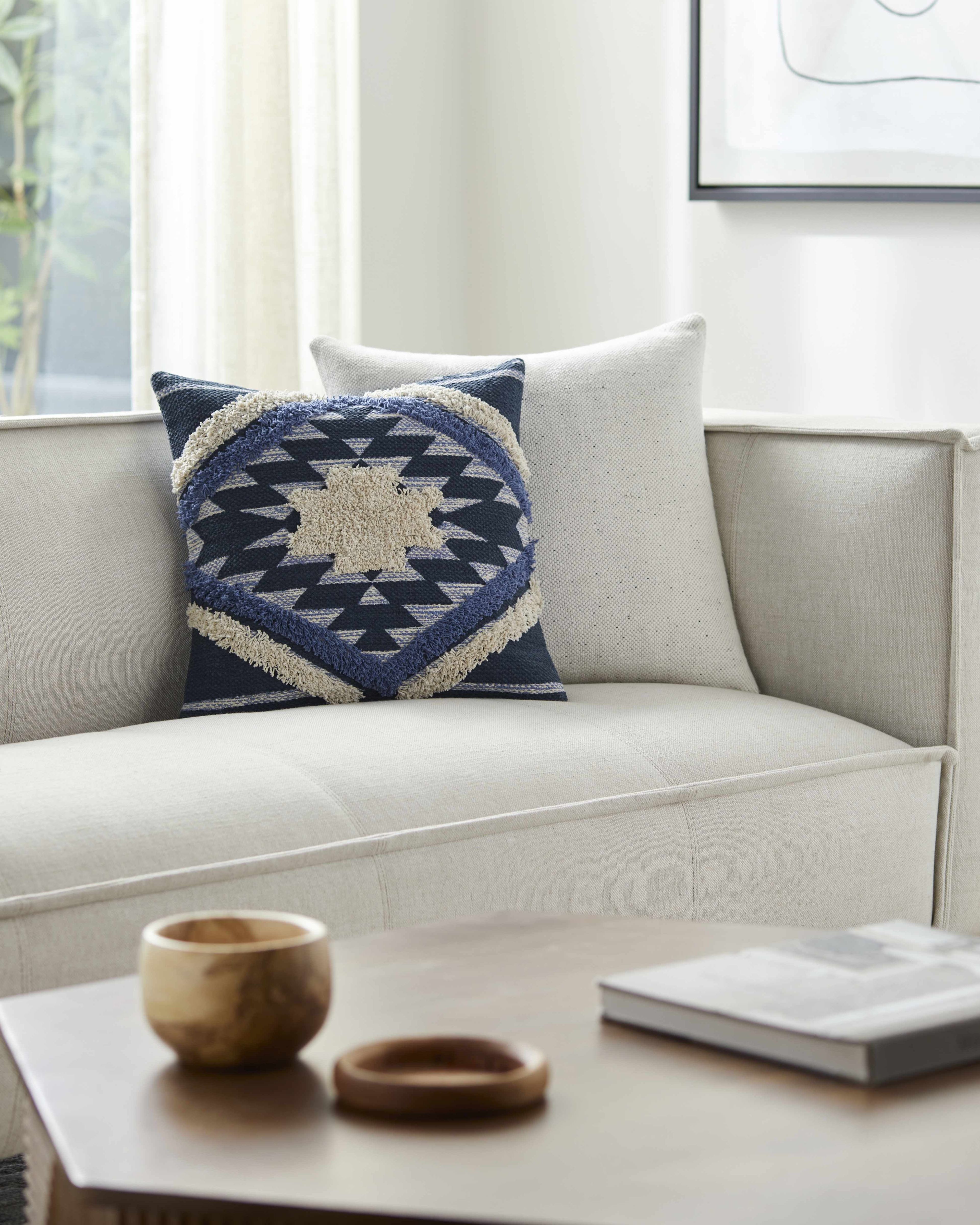 22" Navy and Cream Cotton Geometric Pillow with Down Insert