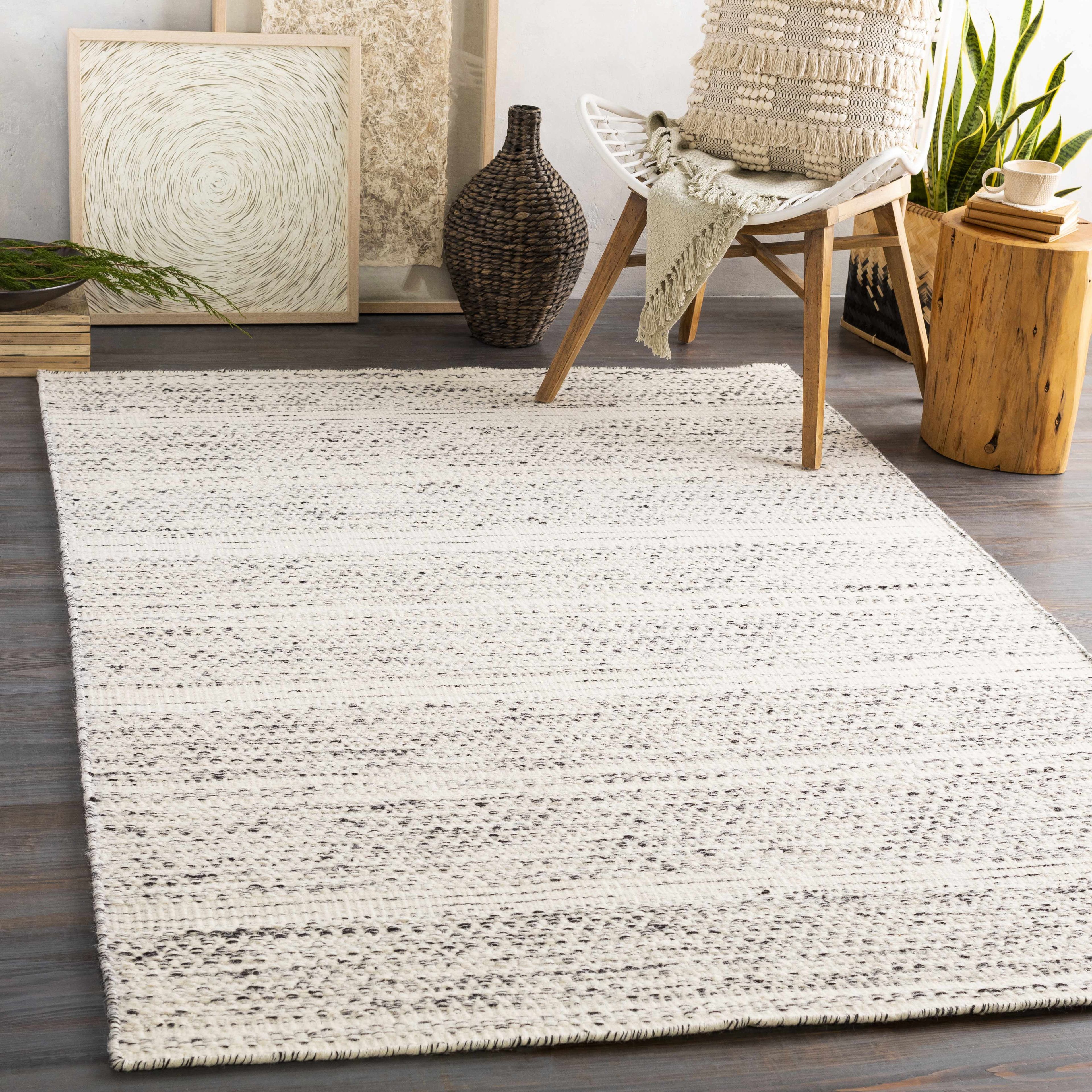 Williford Cream and Black Hand Woven Wool Area Rug 6' x 9'