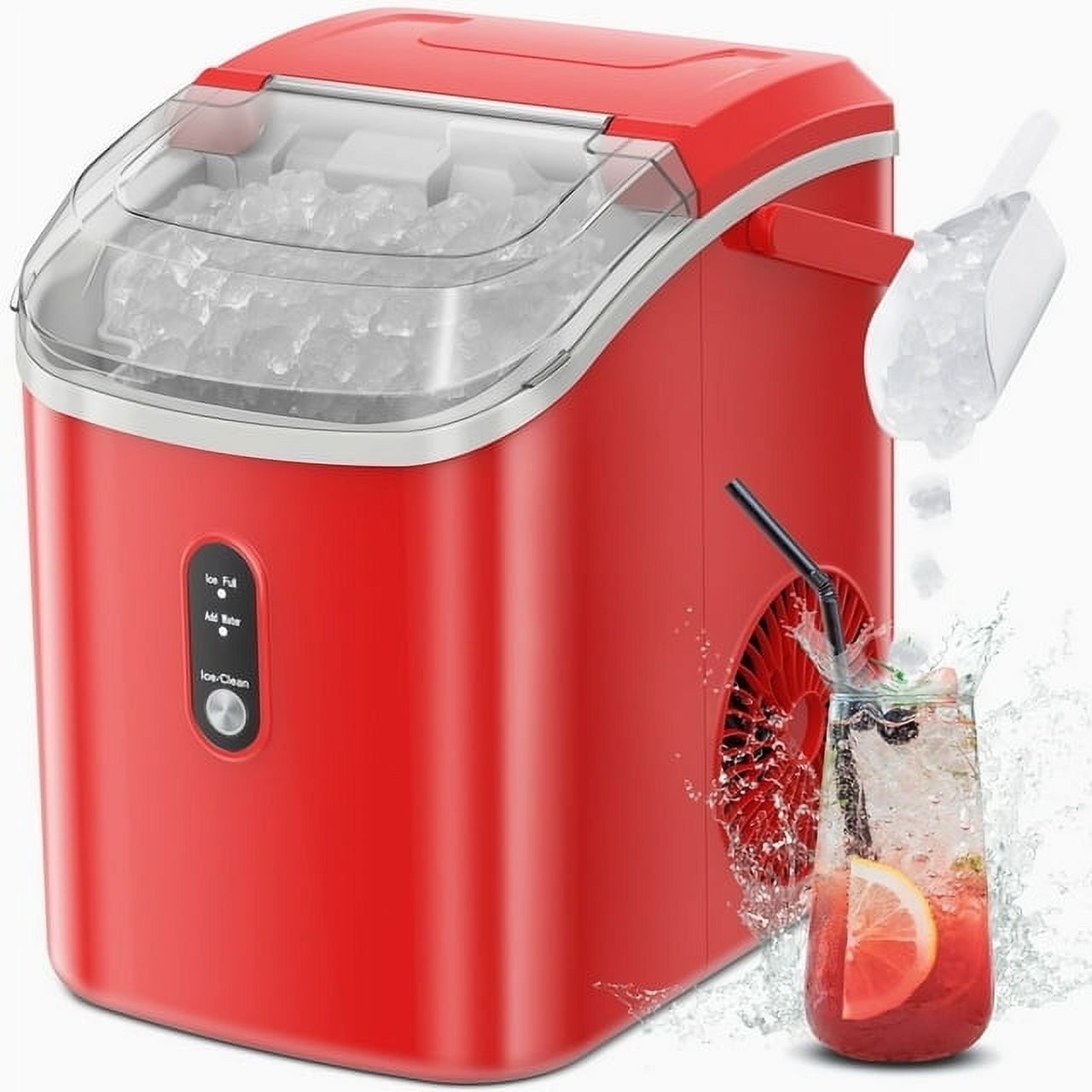 Red Portable Nugget Ice Maker with Self-Cleaning Function