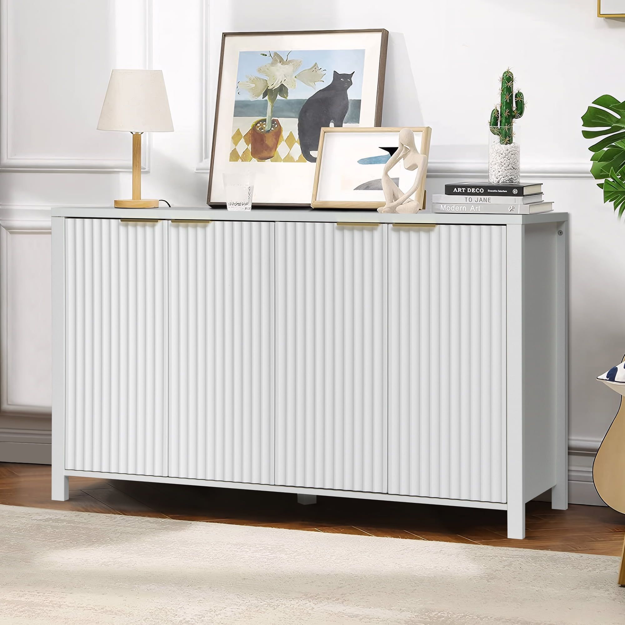 White MDF 4-Door Fluted Buffet Storage Cabinet with Adjustable Shelves