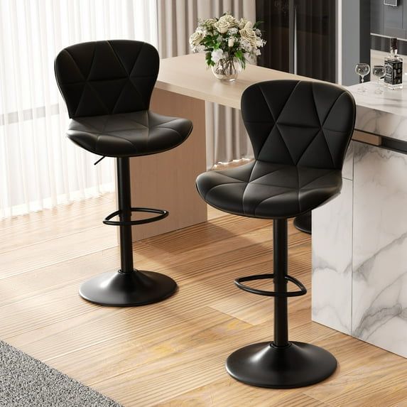 Black Faux Leather Adjustable Swivel Bar Stools with Metal Base, Set of 2