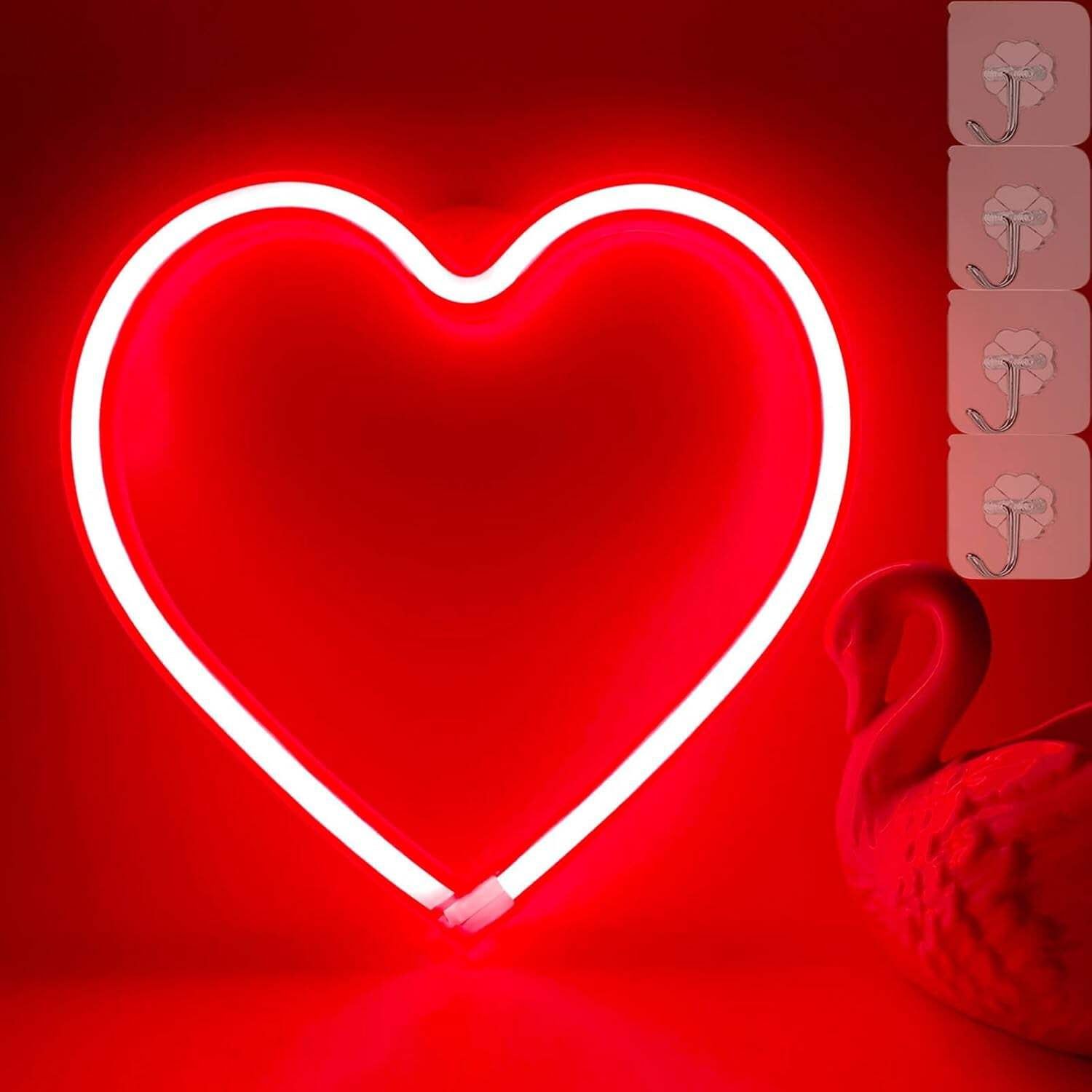 Red Heart LED Neon Wall Light with Hooks