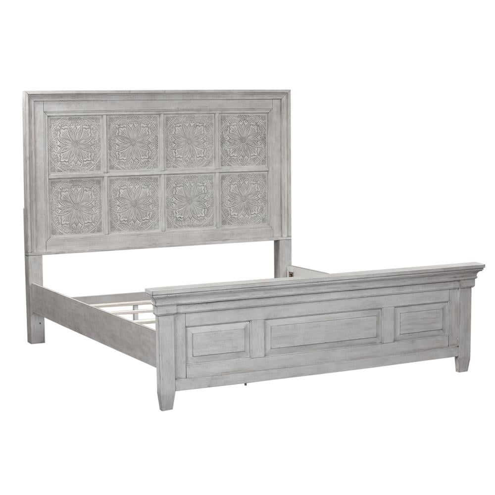 Heartland White Queen Panel Bed with Engraved Headboard