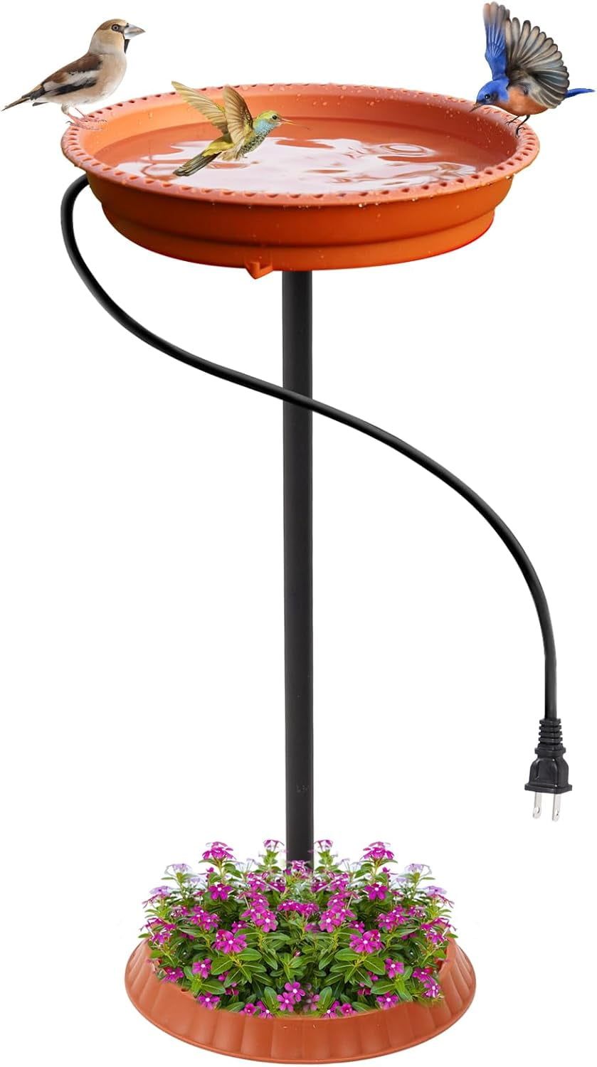 Terracotta Heated Bird Bath with Planter Pedestal and Thermostat Control