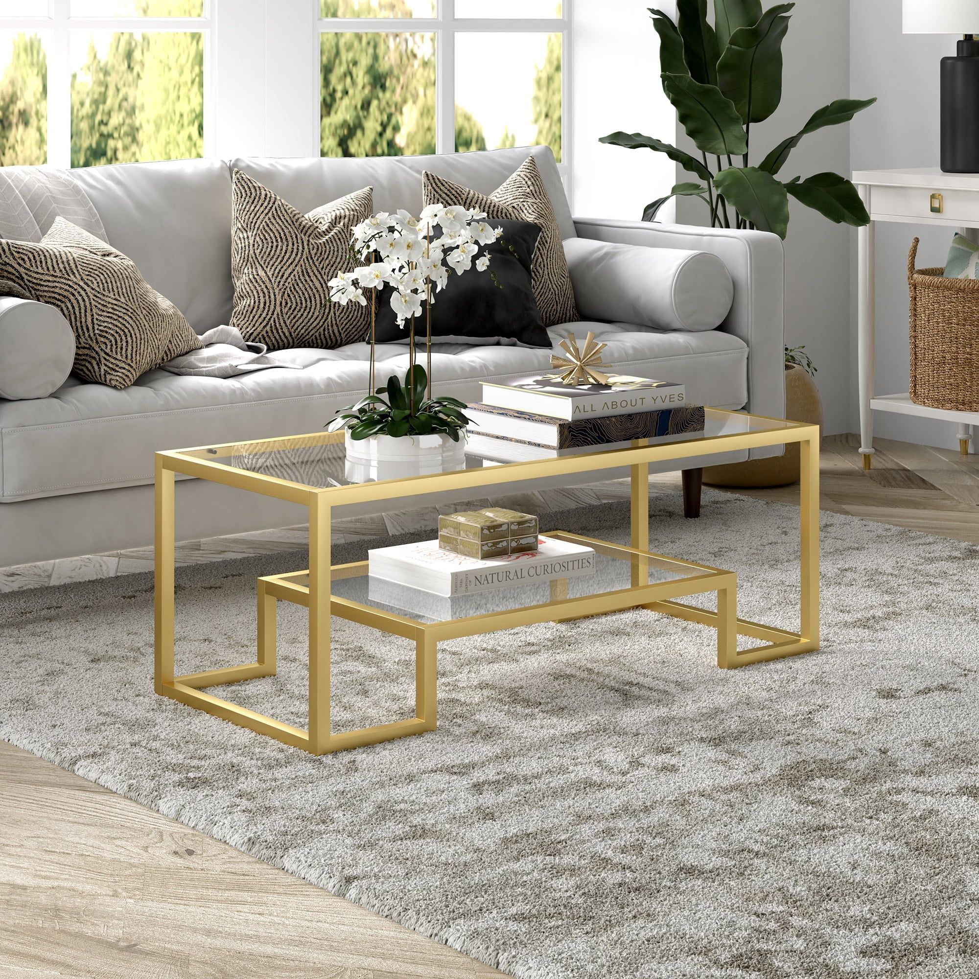 Artemis 45" Brass and Glass Rectangular Coffee Table