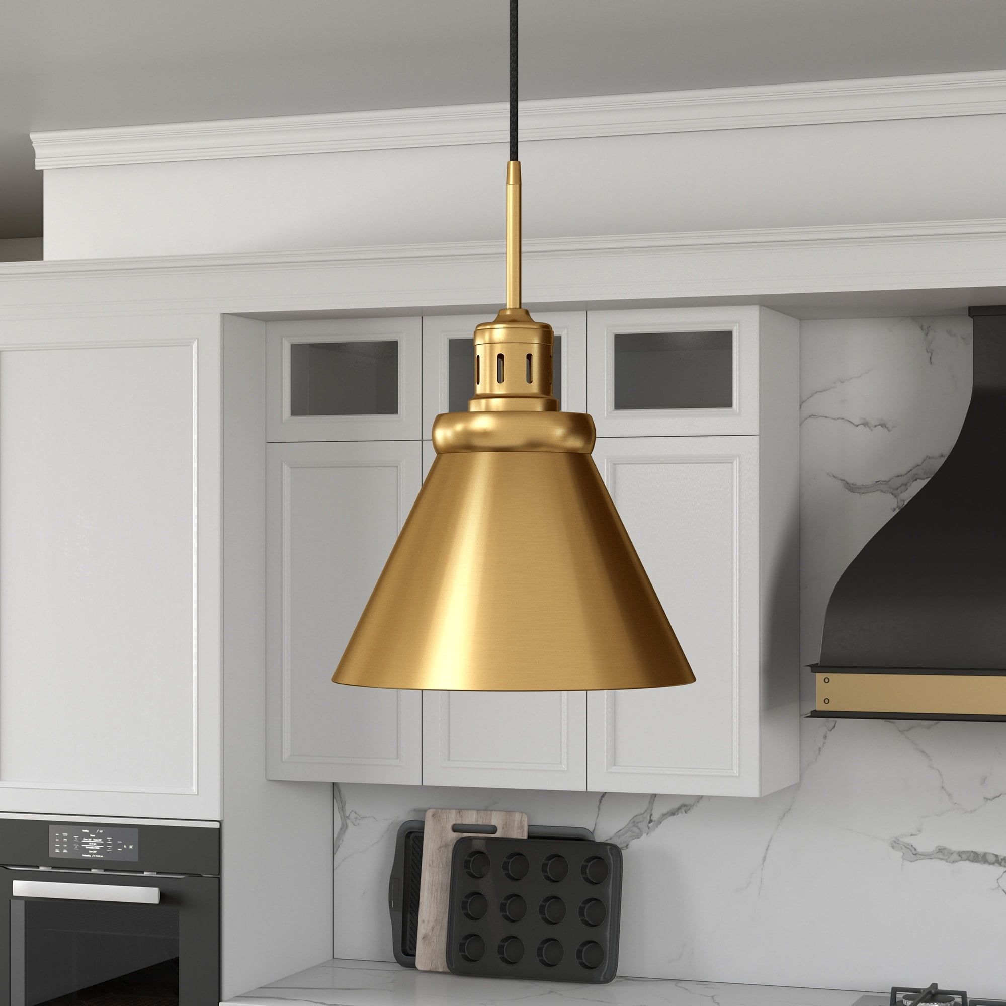 Retro-Inspired 12" Brushed Brass Cone-Shaped Pendant Light