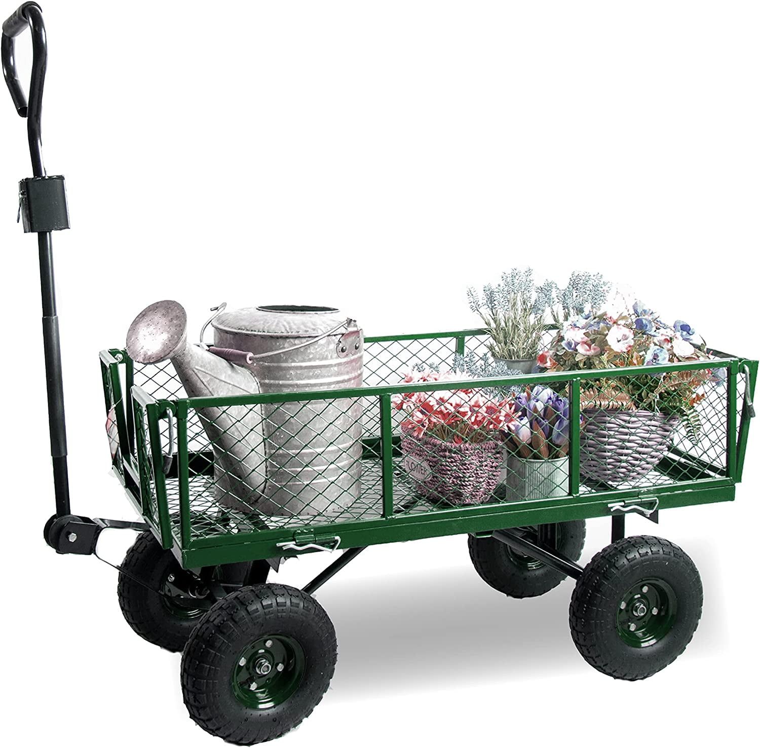 Heavy Duty Green Metal Garden Cart Wagon with Removable Sides