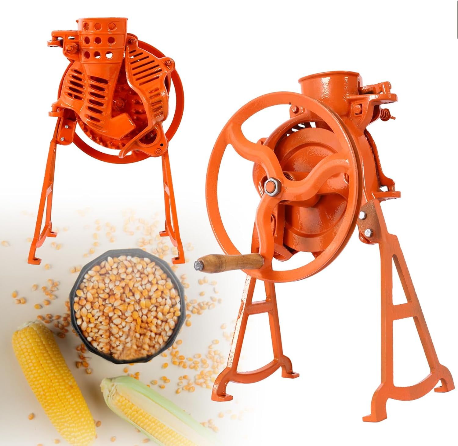 Heavy Duty Orange Cast Iron Manual Corn Sheller with Wooden Handle