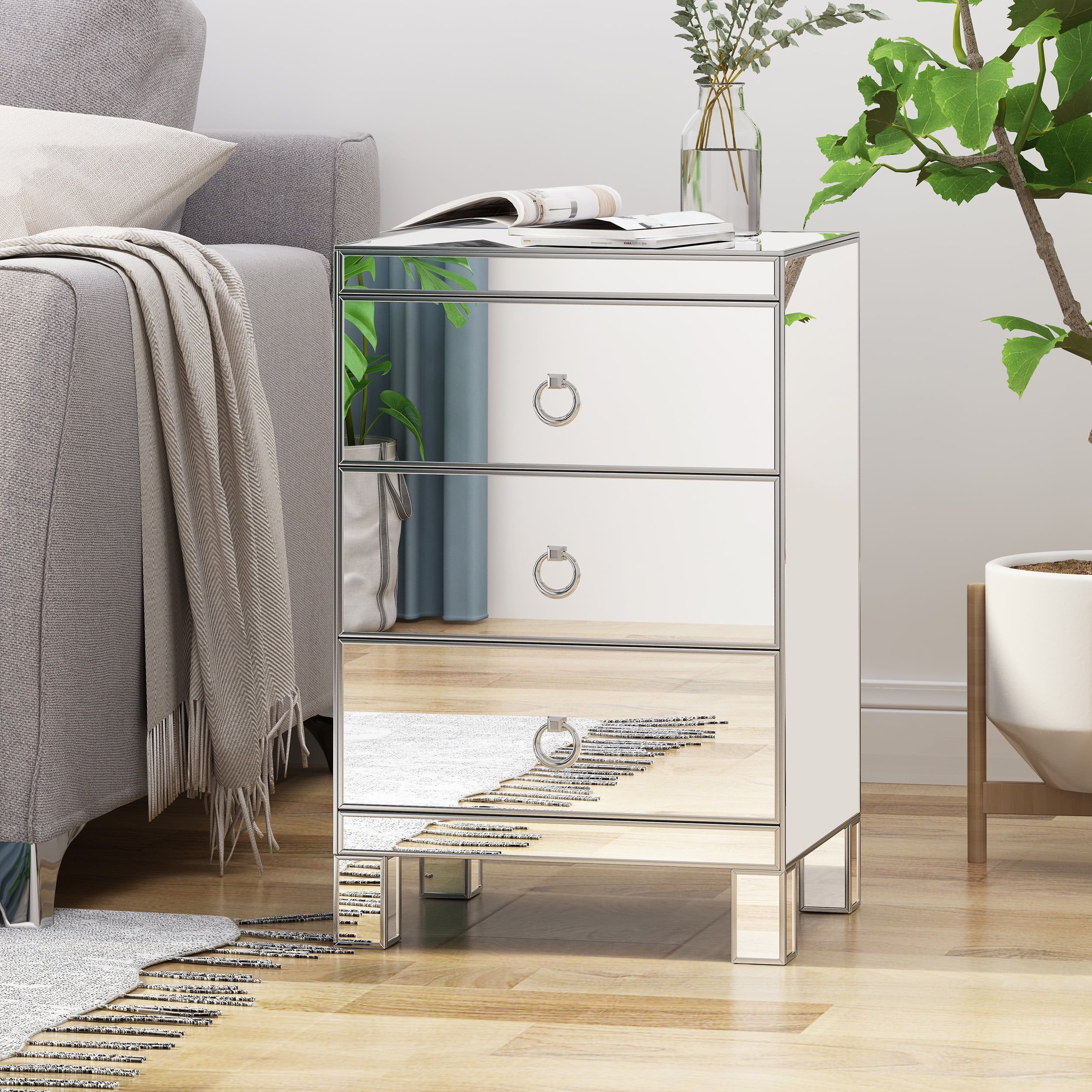 Elegant Mirrored 3-Drawer Cabinet with Silver Accents