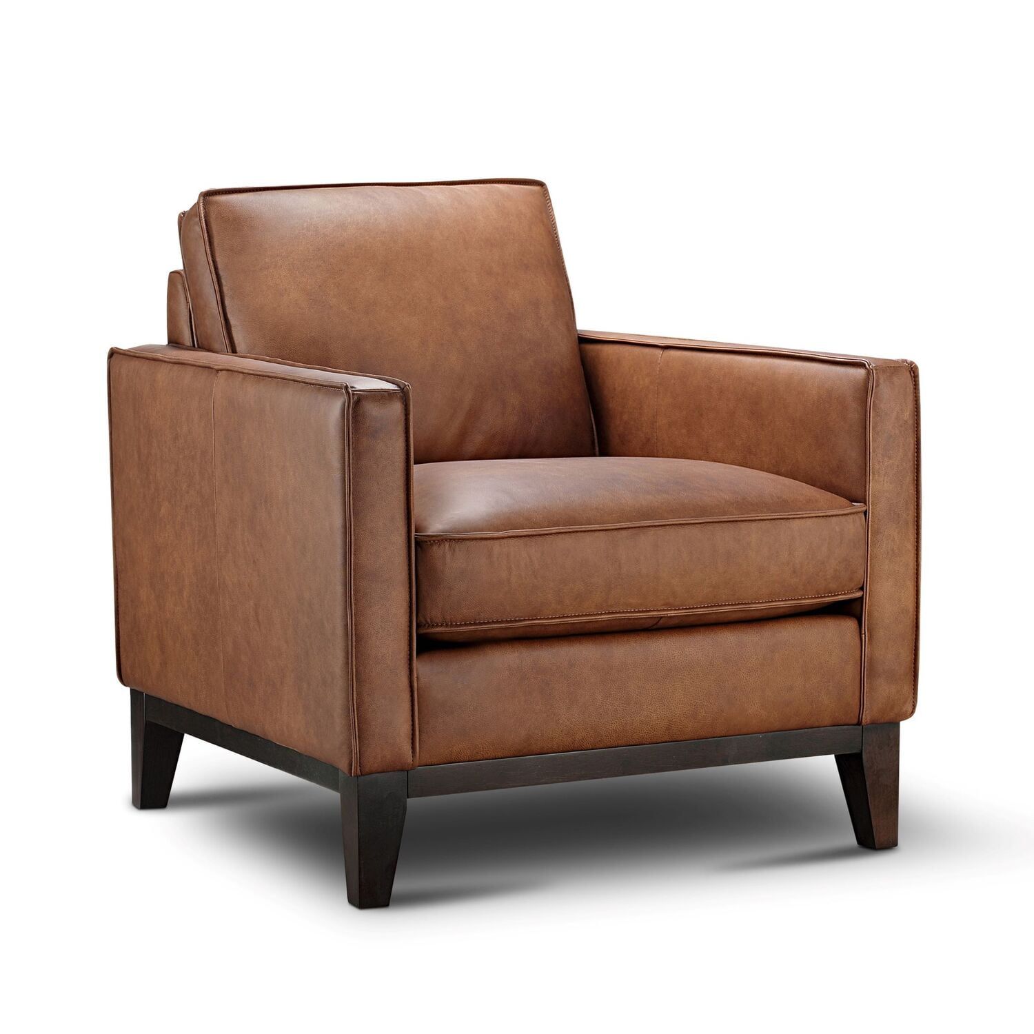 Brown Top Grain Leather Armchair with Wooden Base