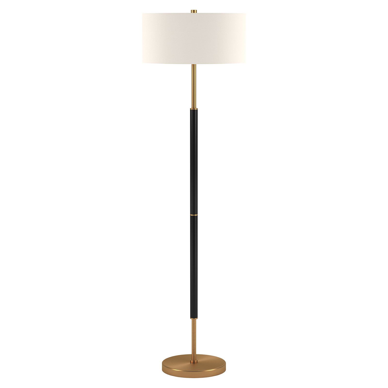 Matte Black and Brass Floor Lamp with White Drum Shade