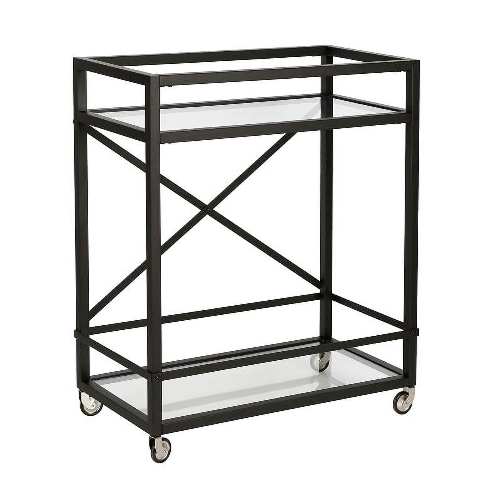 Modern Blackened Bronze Metal Bar Cart with Glass Shelves