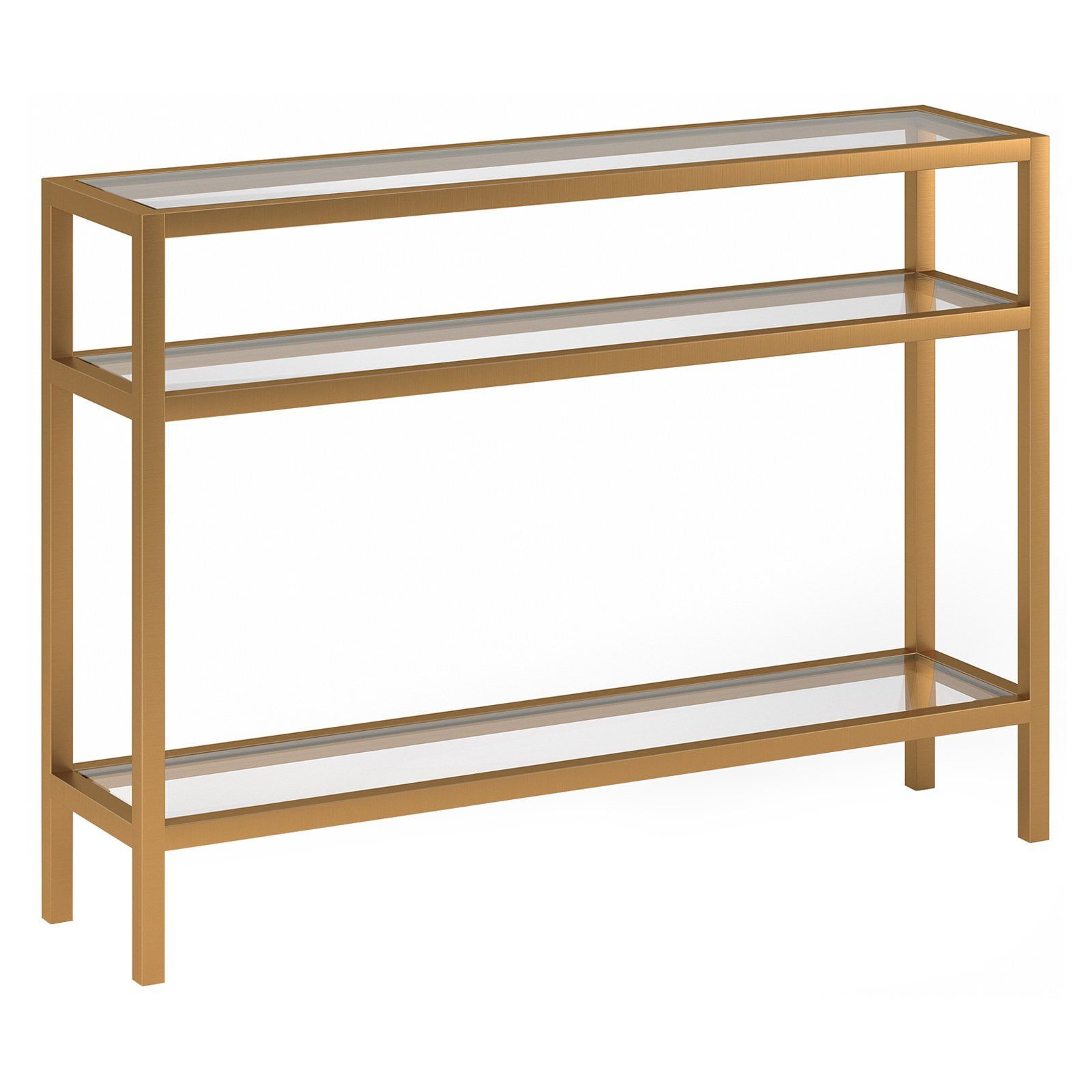 Brass Finish Metal and Glass Console Table with Storage