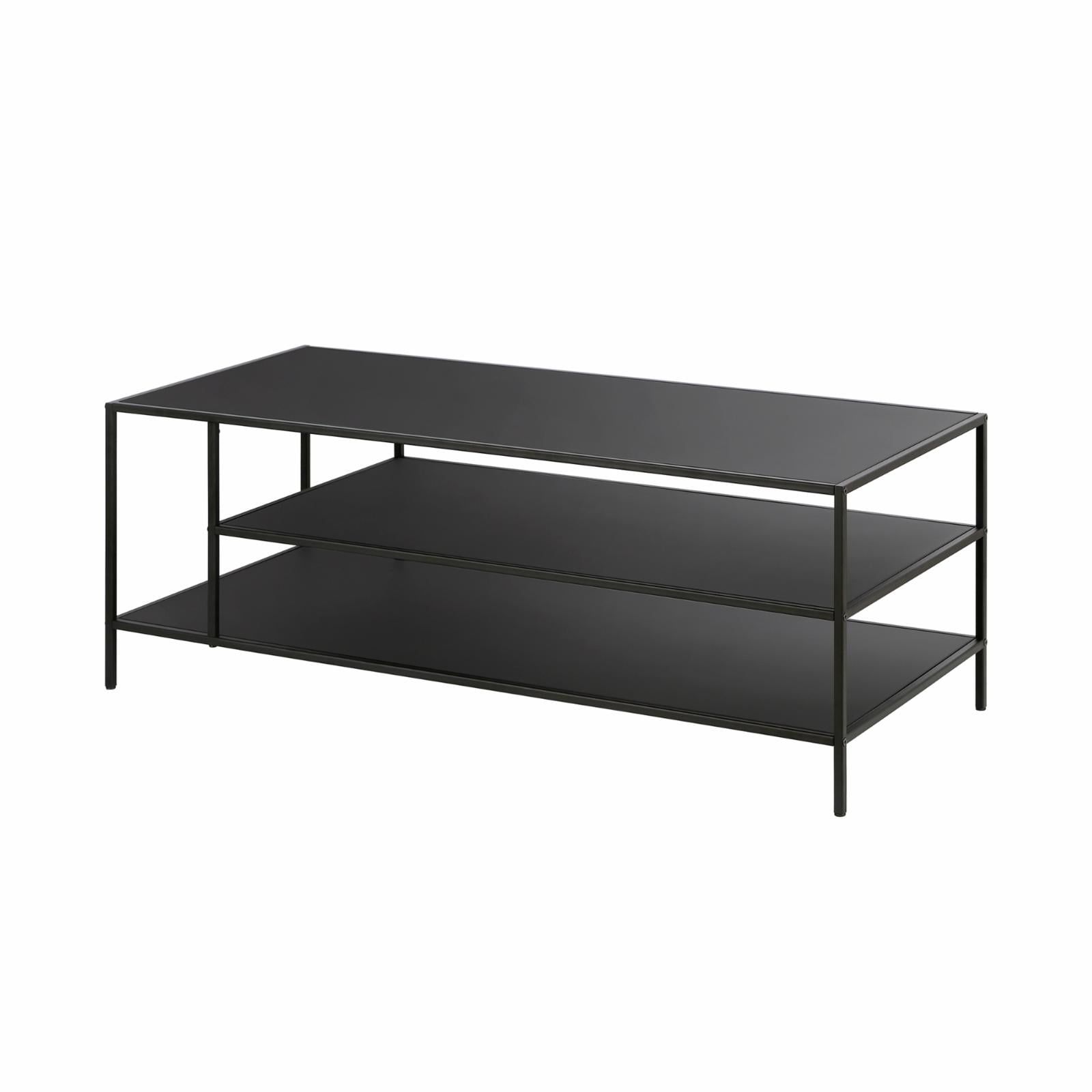 Modern Rectangular 46'' Metal Coffee Table with Glass Shelves in Blackened Bronze