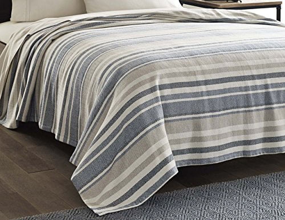 Twin Blue and Ivory Cotton Herringbone Stripe Blanket