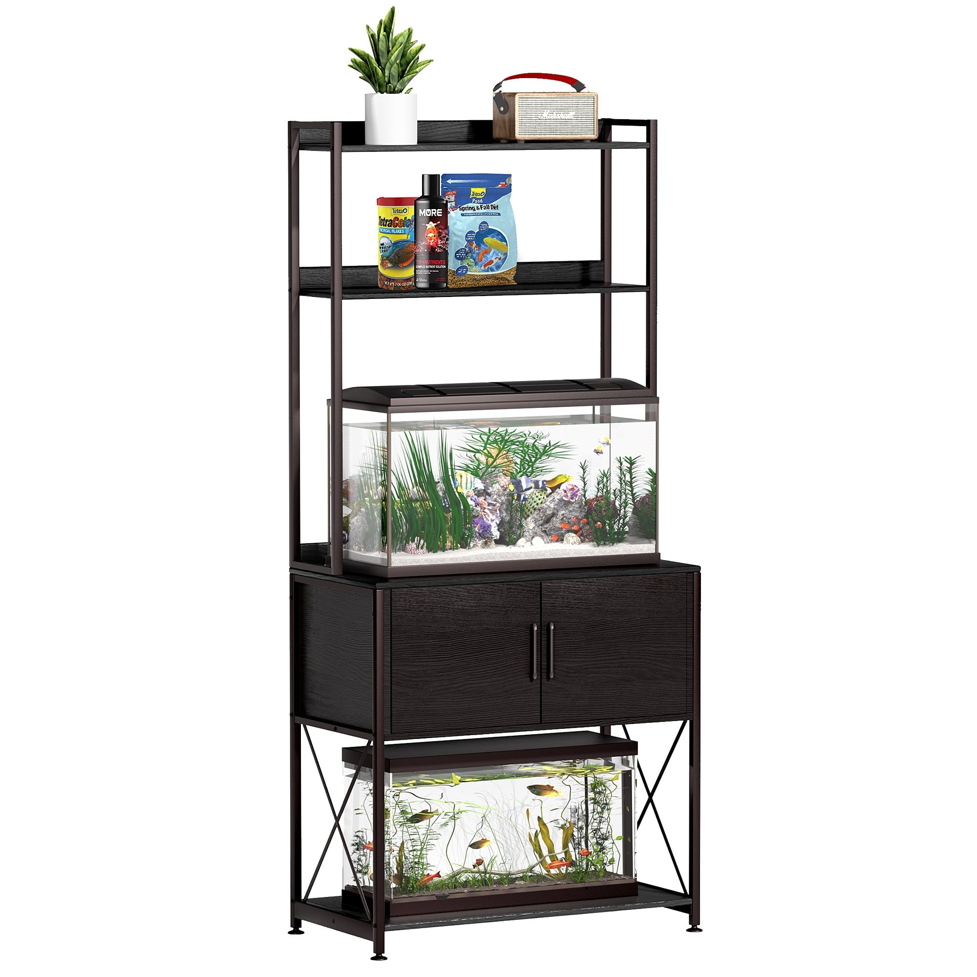 Black Metal and Particleboard Aquarium Stand with Shelves and Cabinet for 20-29 Gallon Tanks